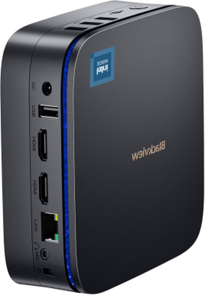 Blackview MP60-N150 mini PC with 16GB RAM and 512GB SSD, Windows 11 Pro, compact 128x128x52mm chassis.
