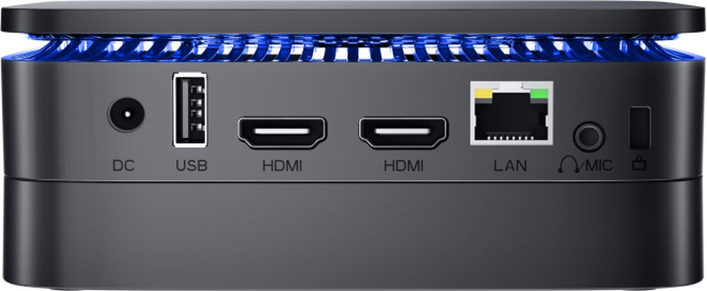 Blackview MP60-N150 mini PC rear panel with DC, USB, HDMI, HDMI, LAN, mic; compact Windows 11 Pro, 16GB RAM, 512GB SSD.