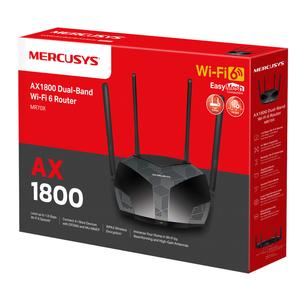 Retail packaging of the Mercusys MR70X AX1800 Dual-Band WiFi 6 Router showing product image, Wi-Fi 6 and EasyMesh compatibility, and key features like WPA3 security and high-speed 1.8 Gbps performance.