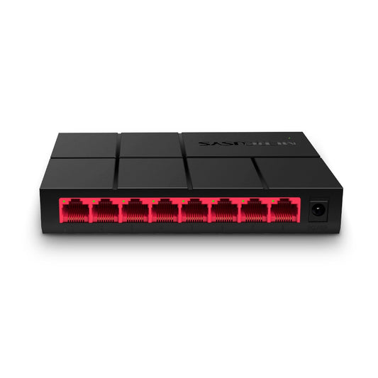 Rear view of the Mercusys MS108G 8-Port Gigabit Unmanaged Switch showing eight red RJ45 Ethernet ports and power input for high-speed wired network connections.