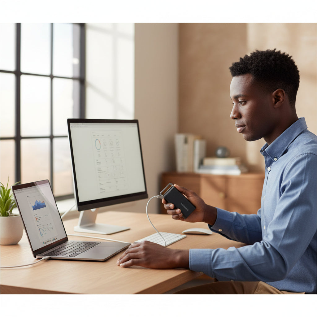 Samsung T5 EVO 2TB drive connected to a laptop via USB-C cable.