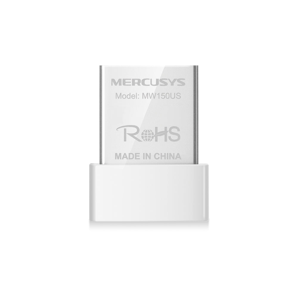 Close-up front view of the Mercusys MW150US 150 showing compact silver design with ROHS marking.