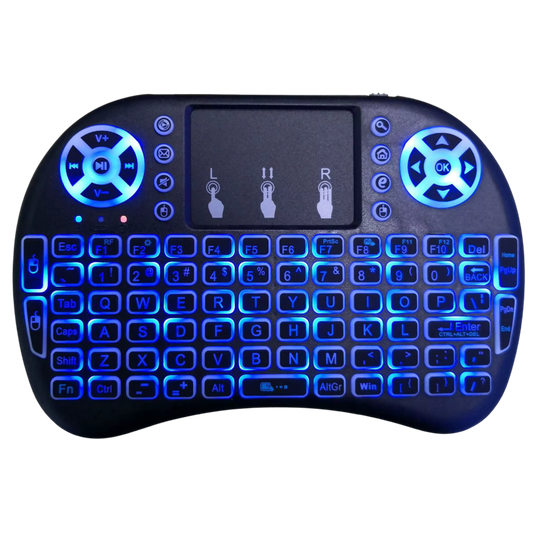 Black and blue wireless keyboard with touchpad on a white background
