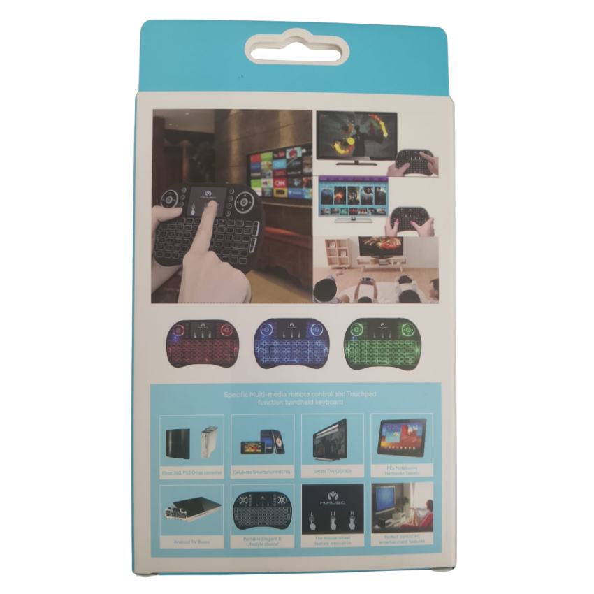 Package of a wireless keyboard with images of its use on a white background