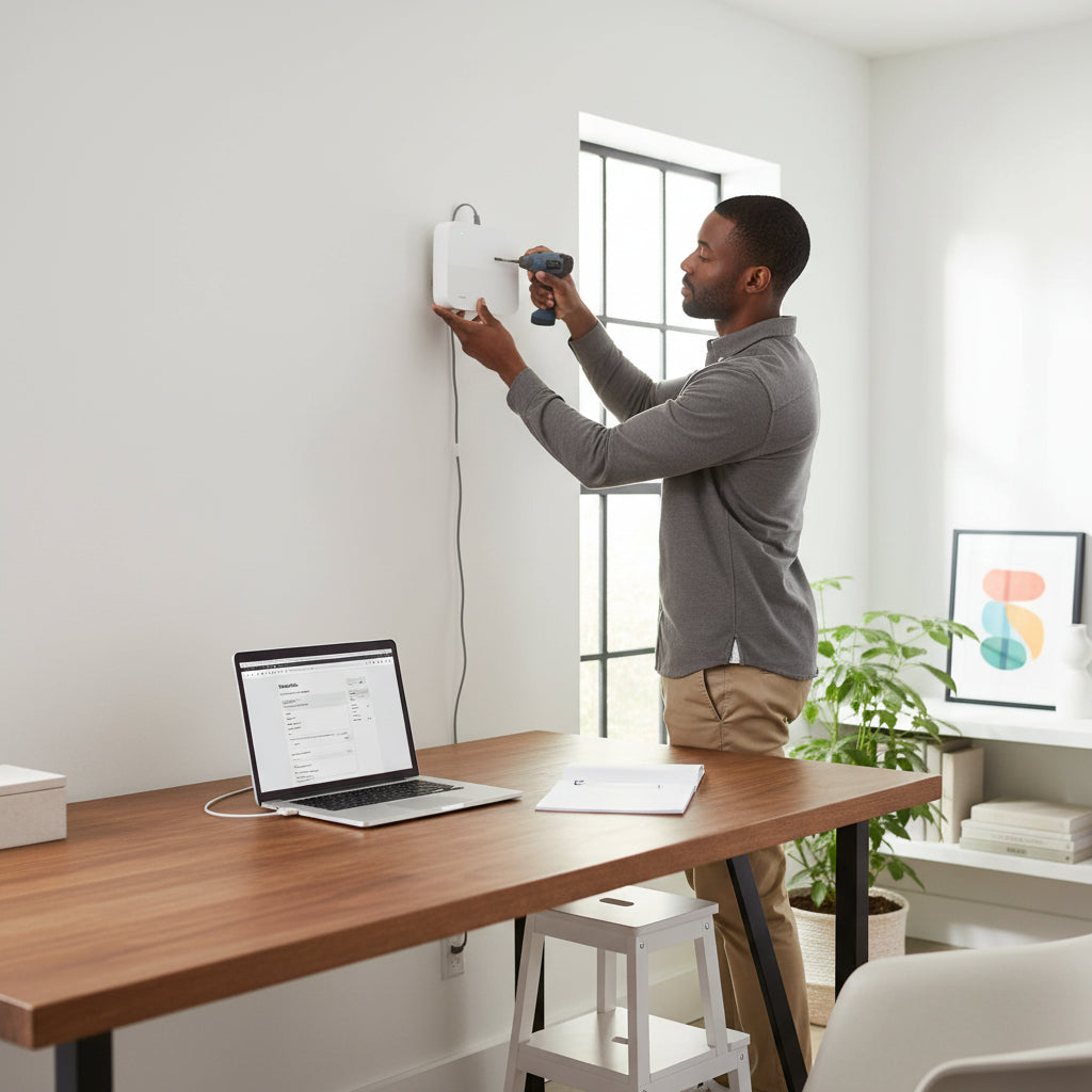 Tenda N6P-8H NVR with a surveillance camera connected via Ethernet cable.