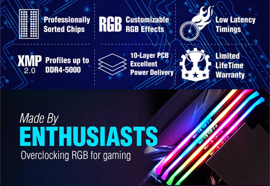 Product features of a gaming component with RGB lighting on a blue and black background.
