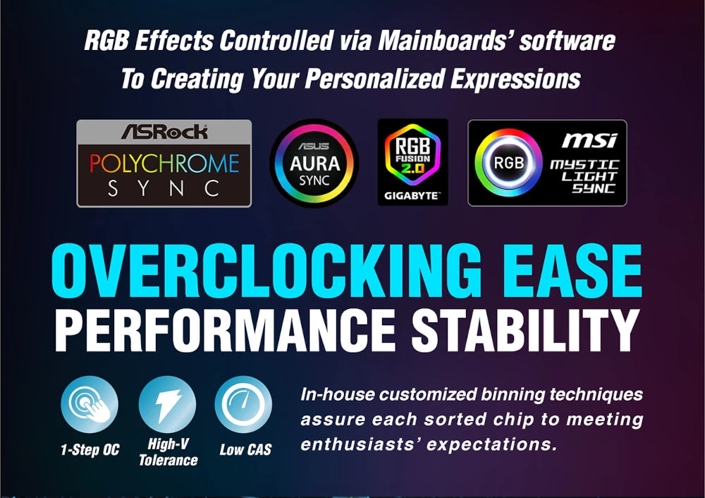 Advertisement for RGB effects control on computer hardware with brand logos and text about overclocking ease, performance stability, and customizable binning techniques.