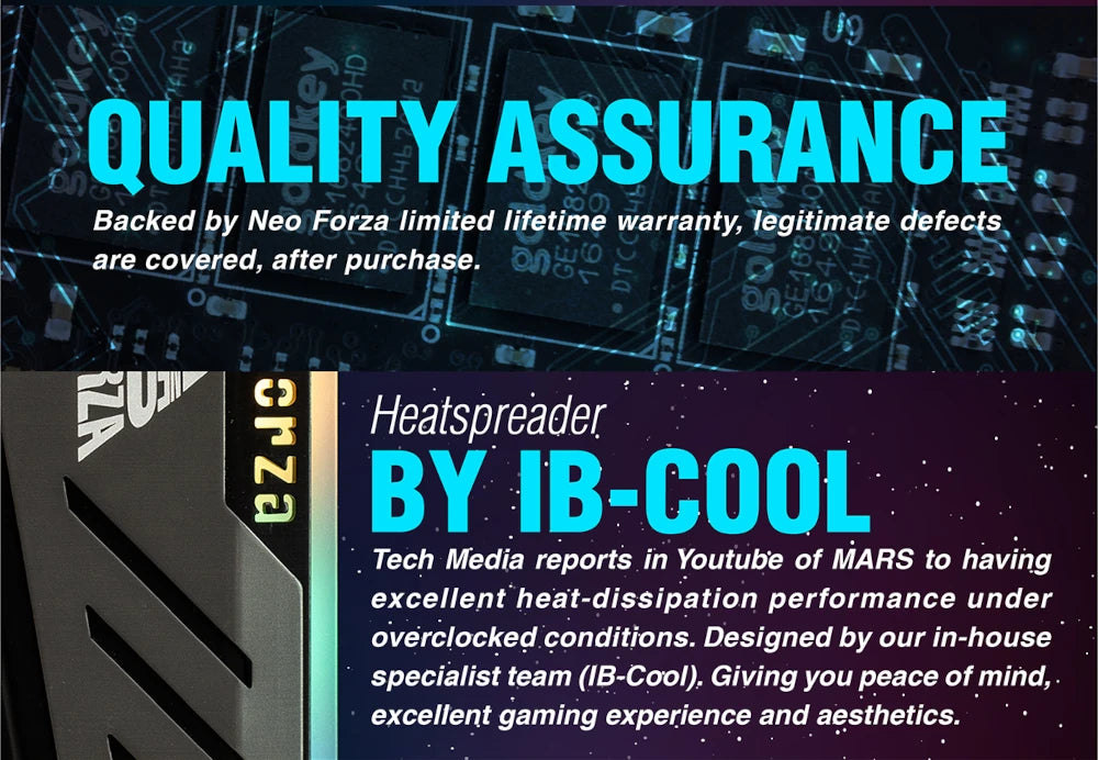 Advertisement for a heatspreader with IB-Cool branding and quality assurance information.