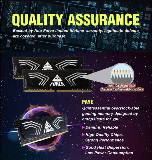 Advertisement for FAYE gaming memory with text about quality assurance and features.