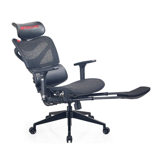 OCPC AIRMESH 800 ergonomic gaming chair with mesh back, headrest, armrests, and retractable footrest in black.