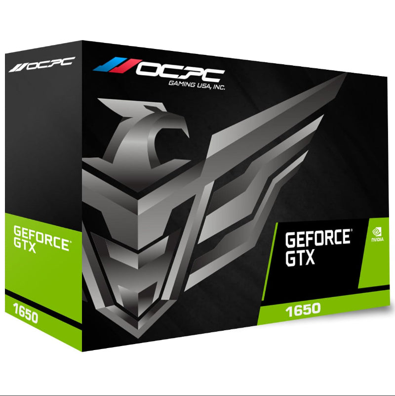 GeForce GTX 1650 graphics card box with black and lime-green design and NVIDIA logo.