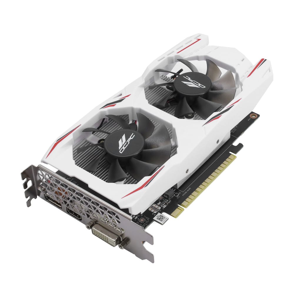 OCPC GTX 1650 XE White 4GB GDDR6 graphics card with dual fans, 128-bit bus, 2-slot design