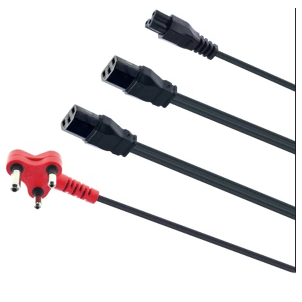 MicroWorld CAB-PWR-2H-1CLO-4M 3-pin power cable, 4m, black with three IEC female ends and red plug.