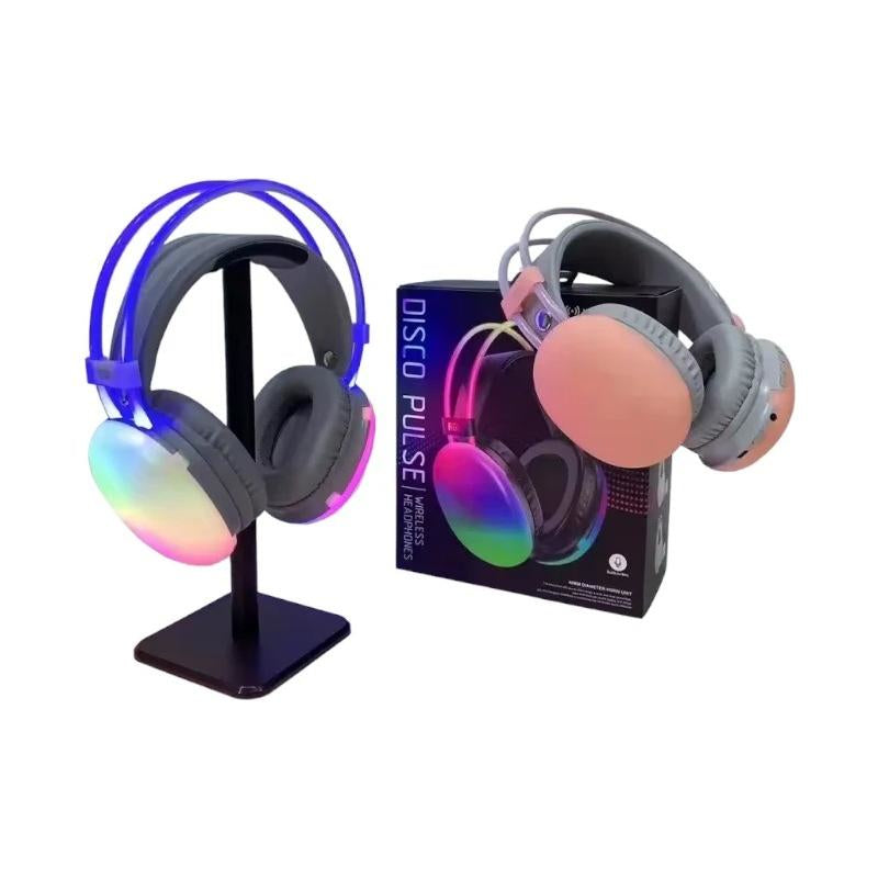Colorful headphones with a stand and packaging on a white background