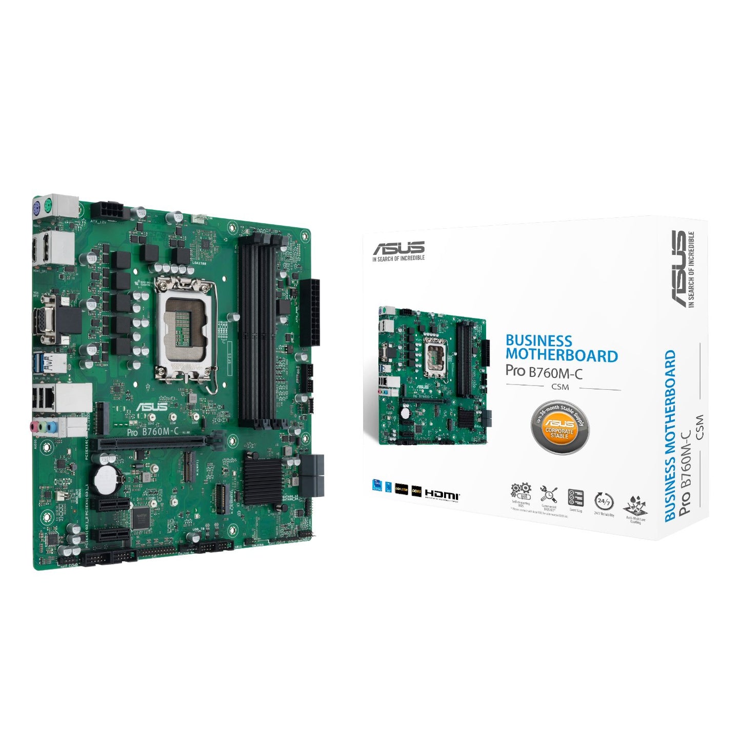 Asus business motherboard with packaging on a white background