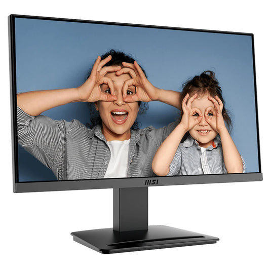 Monitor displaying an image of a woman and a child with their hands over their eyes.