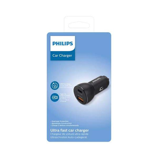 Philips Dual Port Car Charger DLP2521/00 displayed in retail packaging. Black charger with USB-C and USB-A outputs, shown on blue Philips box labeled “Ultra Fast Car Charger.