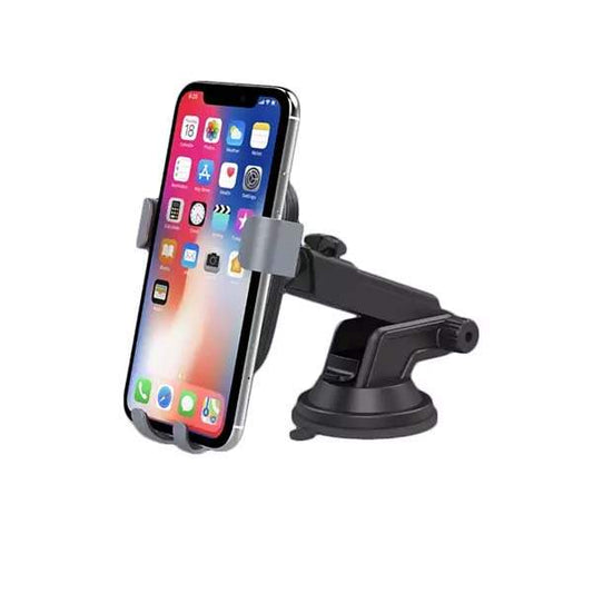 Black Philips DLK3532Q/00 wireless car mount with suction base holding a smartphone displaying a home screen, showing the device securely clamped for dashboard use on a white background.