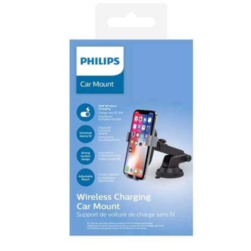 Philips wireless charging car mount retail packaging showing the mount holding a smartphone, highlighting 10W Qi fast charging, universal device fit, strong suction, and adjustable reach features.
