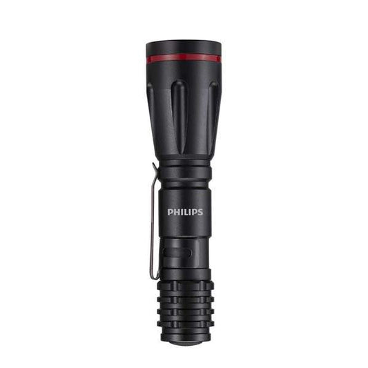 Philips high-power LED flashlight with black body, red ring near head, and metal clip.