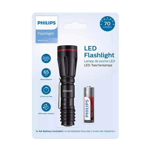 Philips High-Power LED Flashlight on blister packaging with AA battery included.