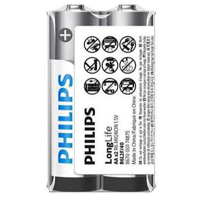 Philips battery with safety symbols on a white background