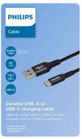 Philips braided USB-A to USB-C charging cable, 6 ft, DLC5206A00, USB 2.0 data transfer.