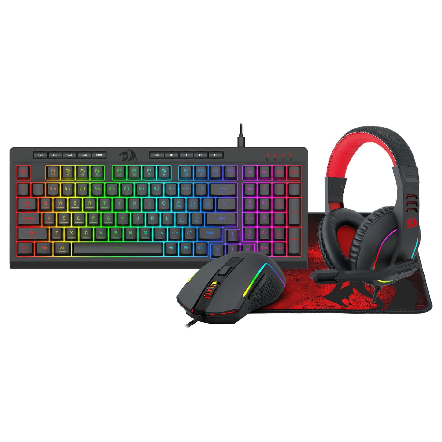 Gaming keyboard, mouse, and headset with RGB lighting on a white background