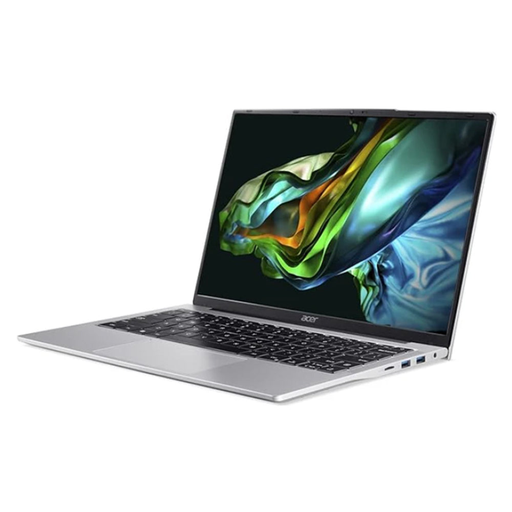 Acer Aspire Lite N100 14-inch laptop with 8GB RAM, 256GB SSD, Windows 11 Home, silver finish.