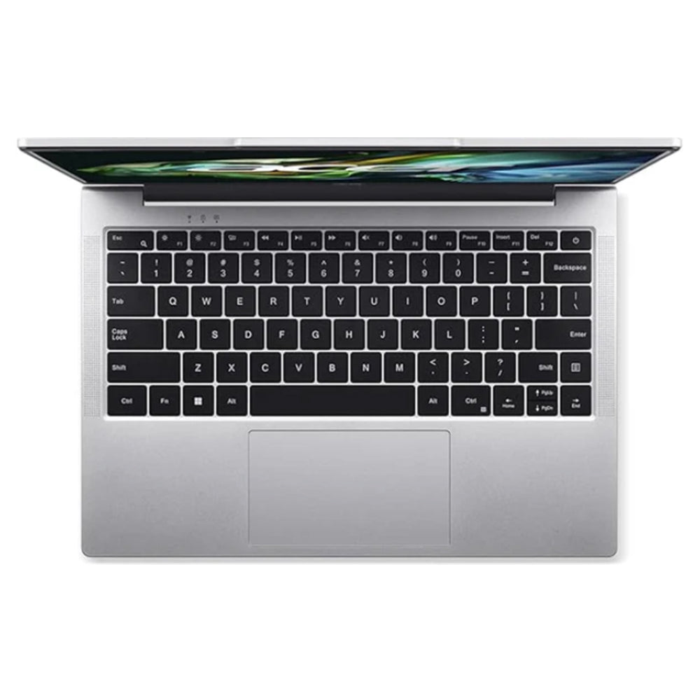 Acer Aspire Lite N100 14-inch laptop, silver body, top-down keyboard view, 8GB RAM, 256GB SSD, Windows 11 Home.
