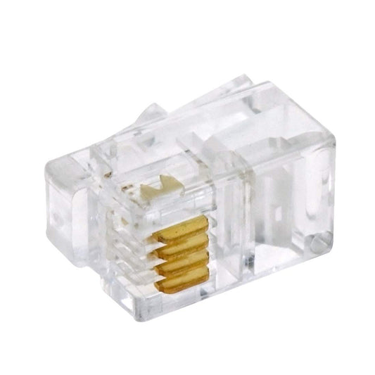 MicroWorld RJ11 6P4C modular phone plug; clear housing with gold contacts, 25-pack set
