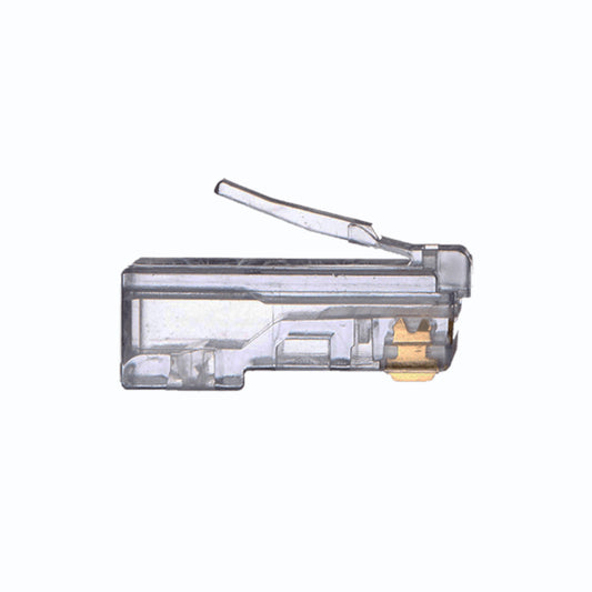 Side view of a transparent RJ45 8P8C Ethernet connector showing gold-plated contact pins and locking clip, used for Cat5e and Cat6 cable terminations.