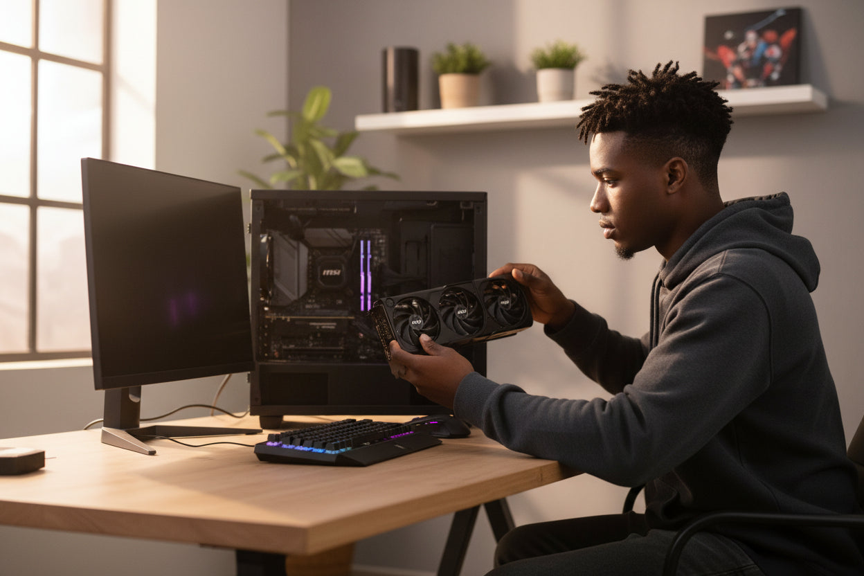 The MSI RTX 5070 SHADOW 3X in a gaming setup with RGB lighting.