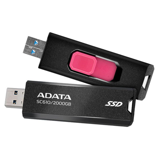 ADATA SC610 2TB SSD Stick – black version front view with sliding USB connector