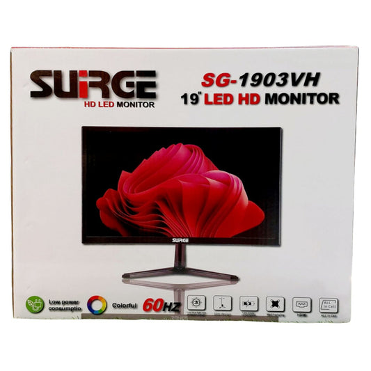 Surge 19-inch LED HD monitor packaging with a red flower on screen