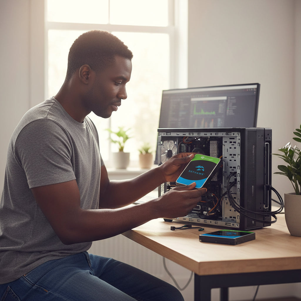 Seagate SkyHawk 2TB drive with SATA data and power connectors visible.