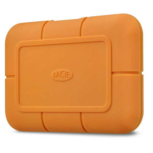 "Portable 1TB LaCie SSD with USB 3.2 Gen 2 interface and protective rubber casing"