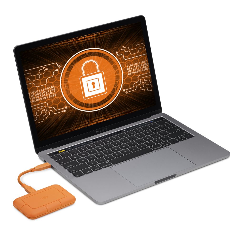 "Portable 4TB LaCie SSD with drop-resistant shell and USB-C to USB-A adapter cable"