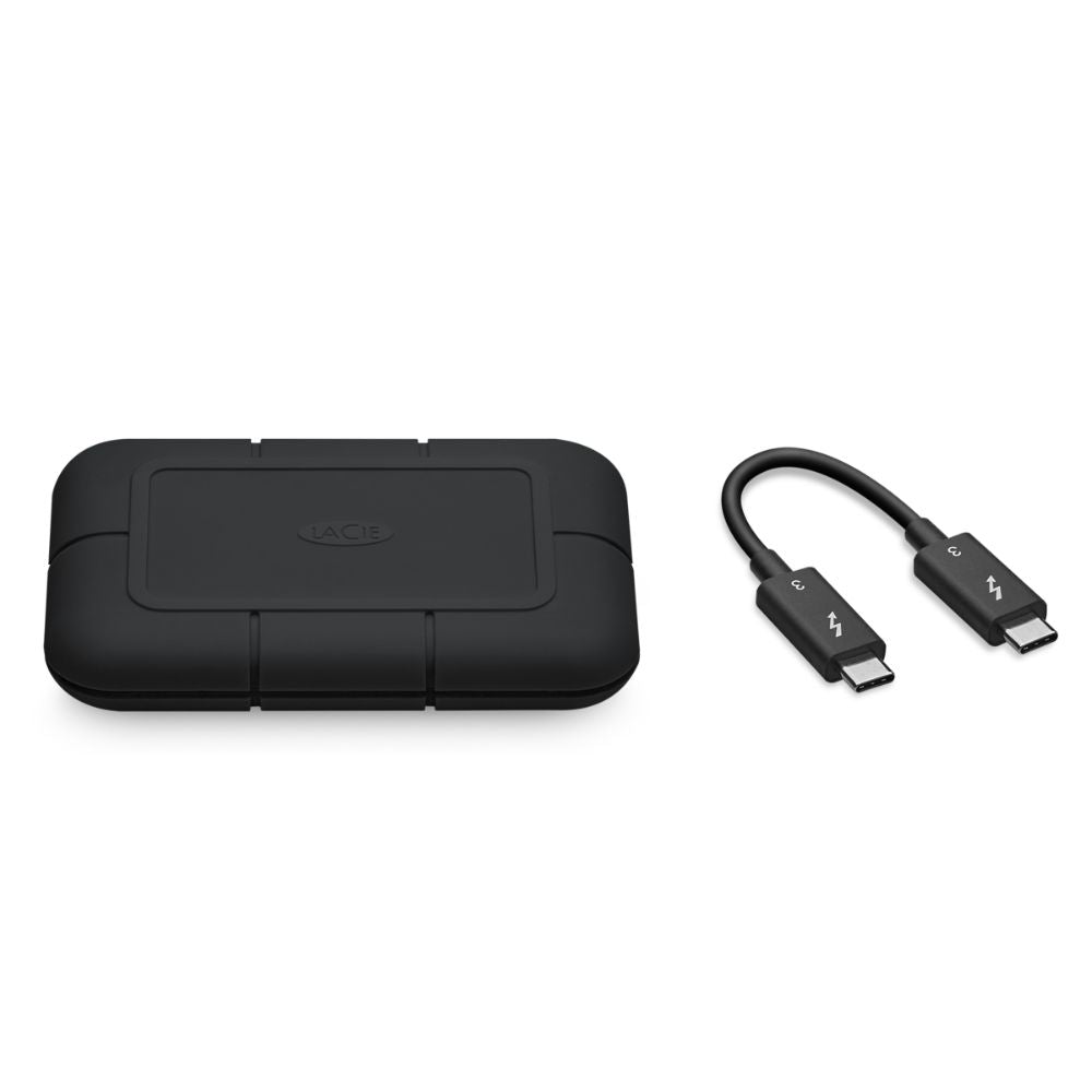 "LaCie Rugged Pro 1TB Thunderbolt 3 external SSD with orange protective casing, ideal for portable high-speed data storage"