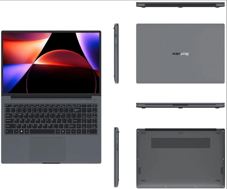 Blackview Acebook 16-inch laptop with 12th-gen i5, 16GB RAM, 512GB SSD, Windows 11 Pro (lid open, multiple views)