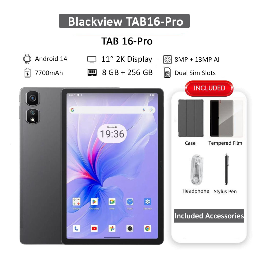 Blackview Tab 16 Pro 11-inch LTE tablet bundle with 8GB+256GB, Android 14; includes case, tempered film, headphones, stylus.