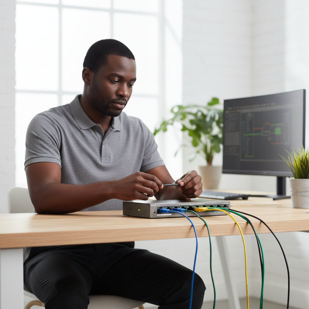 The switch's QoS feature prioritizing video from cameras on ports 1-2.