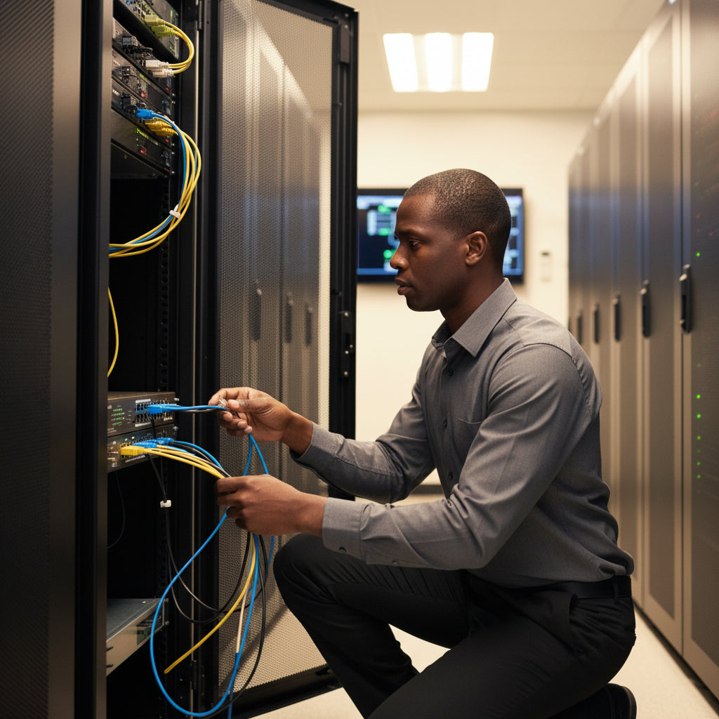A network diagram showing six switches cascaded to support 96 cameras.
