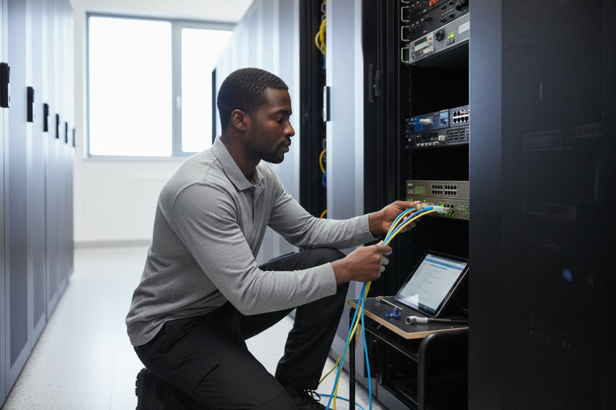 The switch's rear panel showing the power input and grounding point.