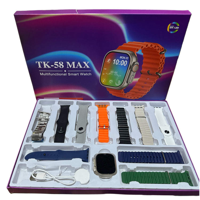 TK-58 MAX Smart Watch 1.75" – Bluetooth, Wireless Charging, IP67, 10 Straps Gift Set