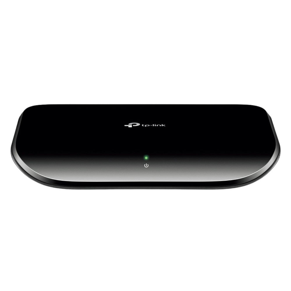 Front view of the TP-Link TL-SG1005D 5-Port Gigabit Desktop Switch with sleek black design and single power indicator light