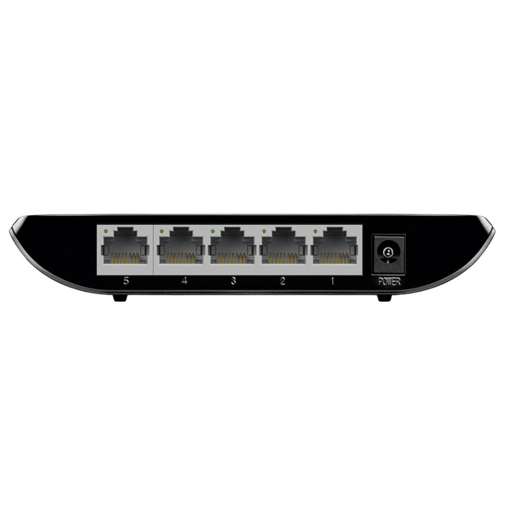 Rear view of the TP-Link TL-SG1005D 5-Port Gigabit Desktop Switch showing five RJ45 Ethernet ports and power input.