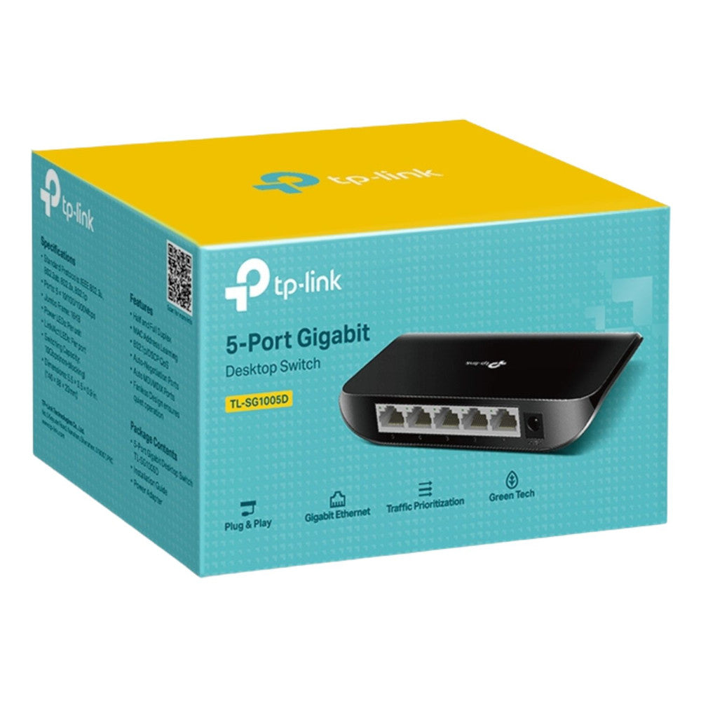 Retail packaging of the TP-Link TL-SG1005D 5-Port Gigabit Desktop Switch showing product image, model number, and key features like Gigabit Ethernet and Plug & Play.