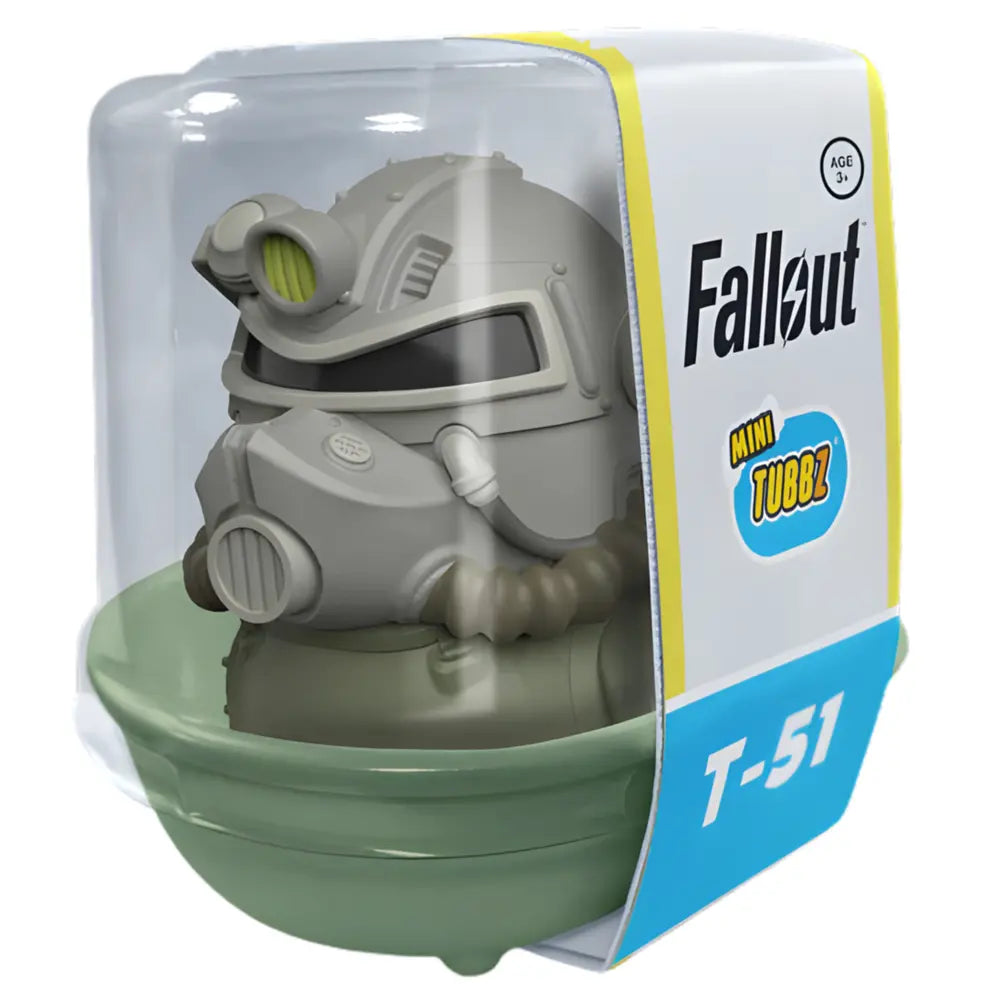 Tubbz Mini Fallout T-51 Armor in the shape of a duck in packaging with 'Mini TUBBZ' branding.
