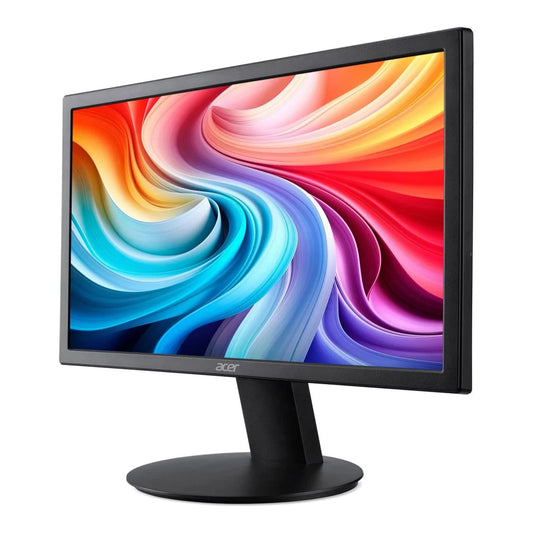 Side angle view of the Acer V206Q 19.5" HD+ LED monitor with a colorful display on a white background